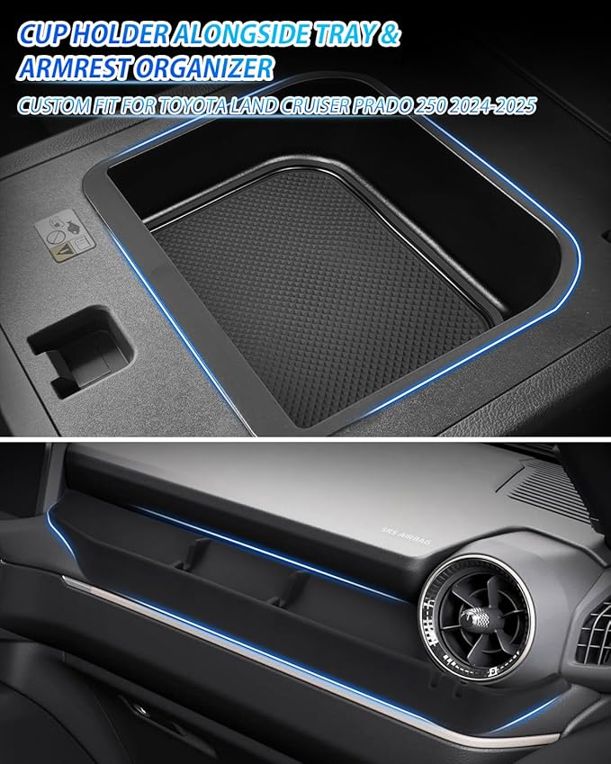 Karltys 2 Pcs Center Console Organizer, Middle Console Organizer with Silicone Mat, Passenger Storage Tray with Hook for Toyota Land Cruiser 250 2024 2025 2026 Accessories(Only for Cool Box Version)