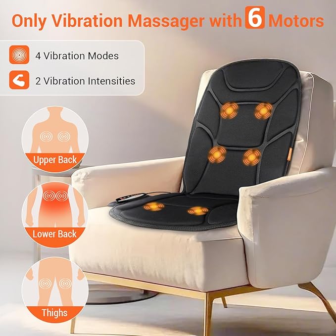 Massage Seat Cushion with Full Back Thighs Heat Back Massager for Chair with 3 Heating Pads 6 Vibrating Motors, Massage Chair Pad for Home Office, Heated Seat Cover Warmer for Pain Relief