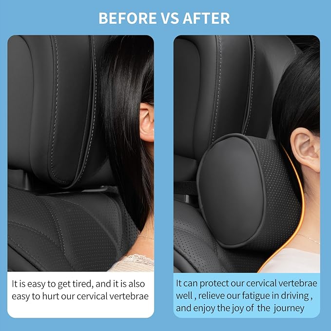 Car Headrest Pillow for Driving - Luxury Leather 100% Memory Foam, Ergonomic Neck Support - Universal Fit Head Rest Travel Pillow for Most Cars, Home & Office, Black, 1 Pack