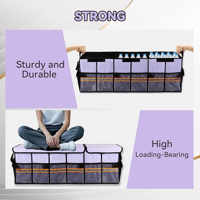 Car Trunk Organizer with Lid,Collapsible Car Storage Organizer with Multi Compartments and Securing Straps for SUV,Sedan,Jeep-Cyan