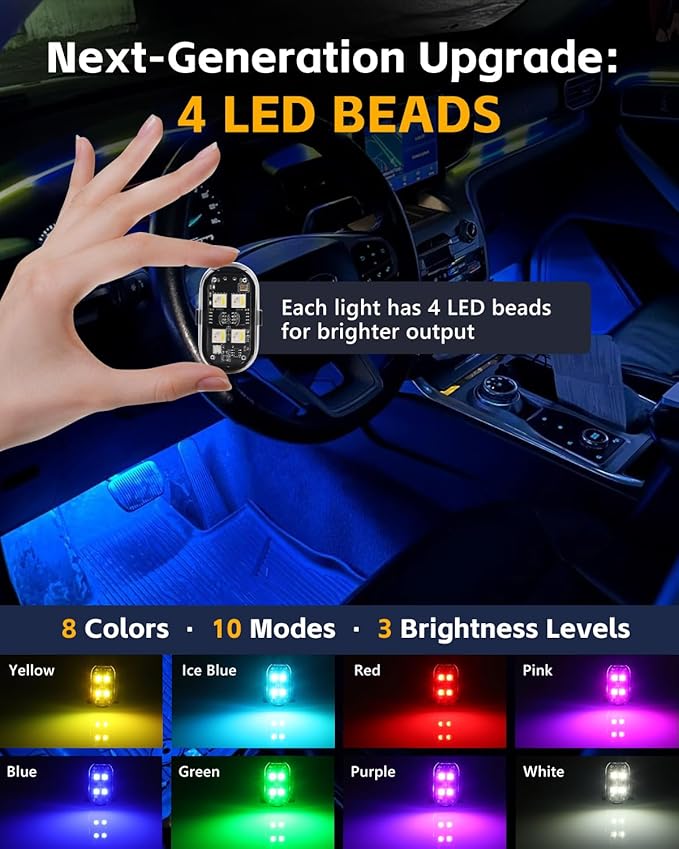 Upgrade 8PCS Wireless 4-LED Strobe Lights with Remote, 8 Colors Waterproof Aircraft Strobe Lights, Type-C Rechargeable LED Warning Light for Motorcycle Bike Drone Aircraft Car New Year