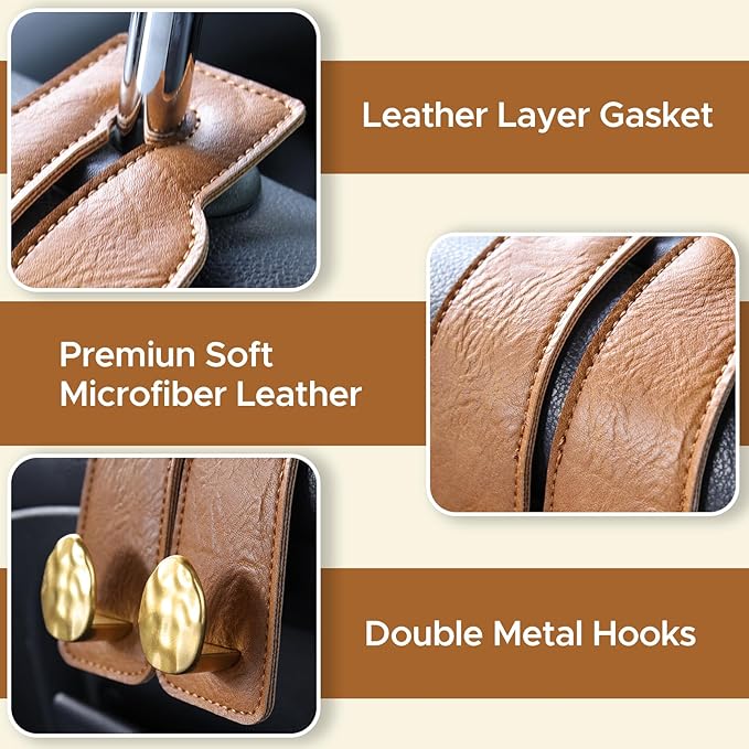 2PCS Leather Car Seat Hooks for Headrest, Vehicle Hanger Storage Organizer Universal for Handbag Purse, Car Accessories Gift (Brown-Gold)