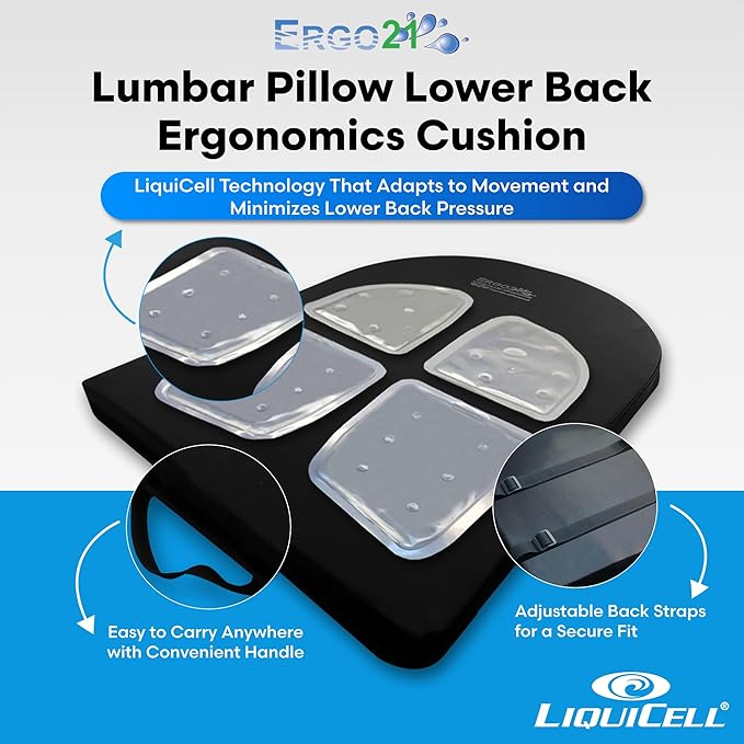 ERGO21 Lumbar Support Pillow for Office Chair, Car, Driving Seat, Auto, Lower Back Pain | Great Back Support with Liquid Filled Membranes | Small Size, (18" W x 18”x 1.5”)