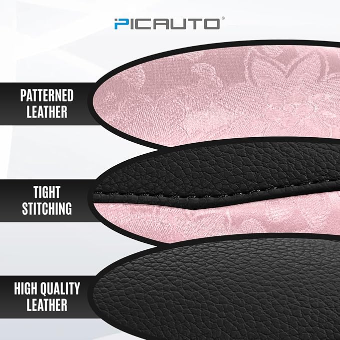 PIC AUTO Steering Wheel Cover, Pink Patterned & Black Leather Patchwork Design, Universal Fit 14.5"–15.5", Anti-Slip, Odor-Free, Soft PU Grain Leather, Durable Grip Car Accessory for Girls & Women