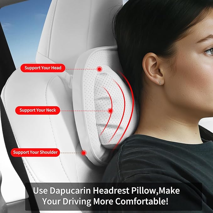 Car Neck Pillow [No More Pressure] Soft Comfortable Premium Leather Headrest with Adjustable Strap – Ergonomic Support for Driving, Office & Gaming, White, 1 Pack