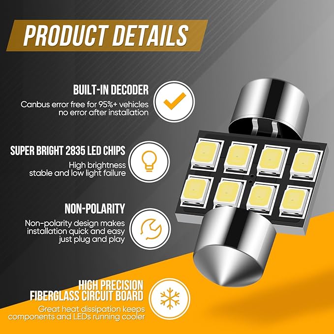 Audak DE3175 DE3022 DE3021 3175 6428 Festoon LED Bulb 30MM Canbus Error Free for Interior Dome Map Lights Door Courtesy Lights Trunk Lights License Plate Lights (Pack of 4)