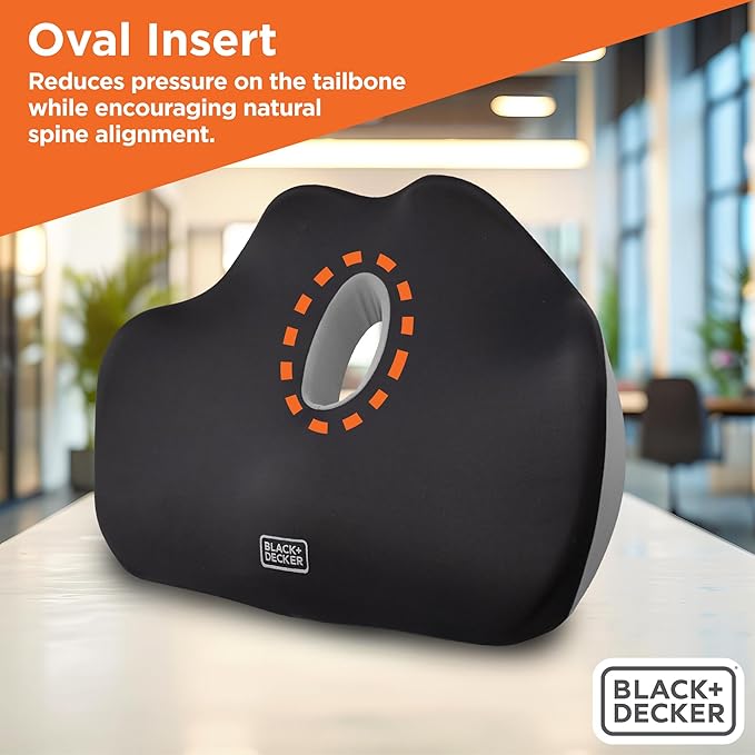 BLACK+DECKER Quilt Knit Car Foam Seat Cushion – Memory Foam Chair Cushion for Office, Car, Wheelchair & Airplane – Ergonomic, Non-Slip, Sciatic Pain Relief, Washable Cover