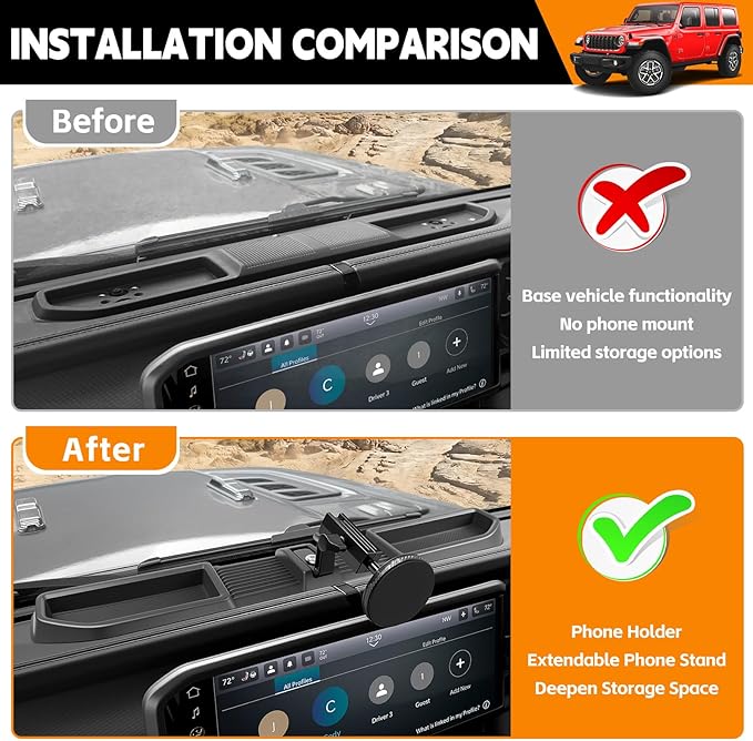 Dashboard Phone Holder Compatible with 2024-2025 Jeep Wrangler JL JLU&Gladiator JT Center Console Organizer Dashboard Phone Multi-Mount Kit for Wrangler 4X4 Accessories(JL/JT 4X4 2024-2025)
