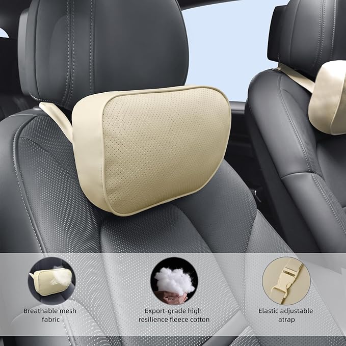 Car Neck Pillow for Headrest, 2 Pack PU Leather Car Headrest Pillow for Neck Support, Super Soft Ergonomic Du-Pont Bio Cotton Travel Pillow with Adjustable Strap (Beige, Shaped Style)