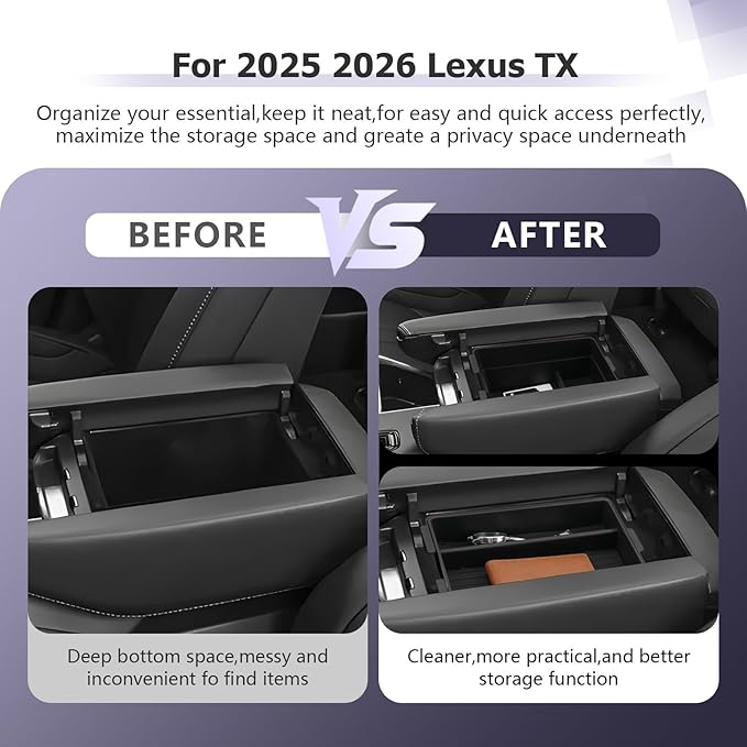 LUWU 2025 2026 Lexus TX Center Console Organizer 2-Pack for 2024 2025 2026 Lexus TX 350/500h/550h+ Accessories Armrest Console Storage Box Glove Organizer Tray ABS Material Black