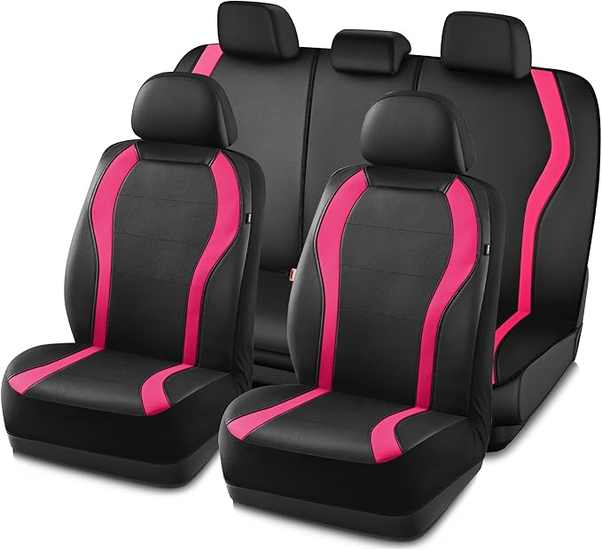PIC AUTO Leather Car Seat Covers, Premium Automotive Waterproof Front & Rear Full Set Bucket Car Seat Protectors, Black and HotPink PVC Patchwork, Fits for Cars, Trucks, Van, SUV, Airbag Compatible