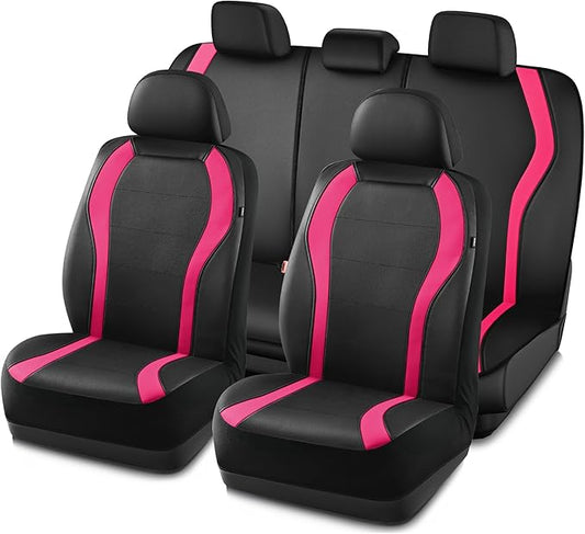 PIC AUTO Leather Car Seat Covers, Premium Automotive Waterproof Front & Rear Full Set Bucket Car Seat Protectors, Black and HotPink PVC Patchwork, Fits for Cars, Trucks, Van, SUV, Airbag Compatible