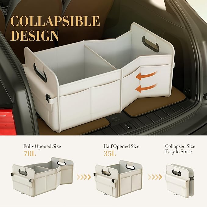 Trunk Organizer For Suv & Sedan,Car Organizers and Storage, Waterproof Collapsible & Adjustable Straps,Sturdy Car Organization for Car Accessories, Tools,Food，Sundries,2-3 Compartment（Beige）