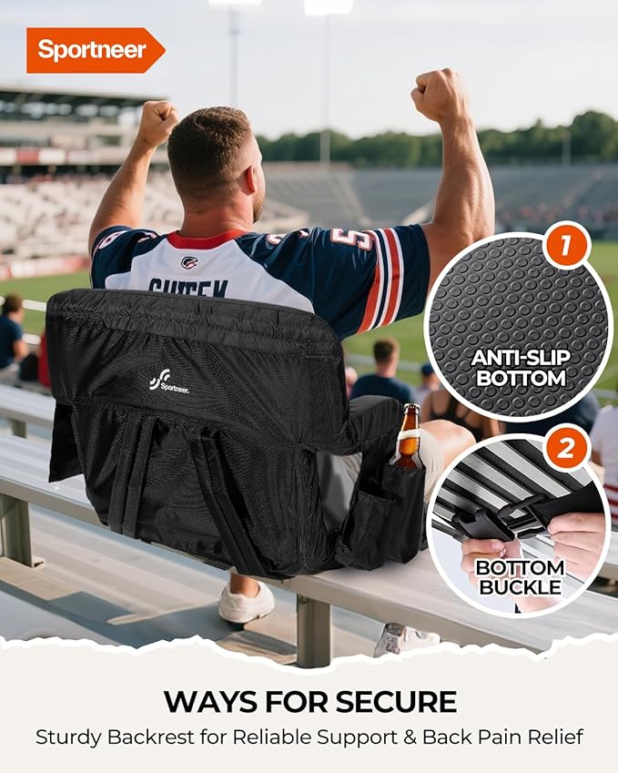 Sportneer Stadium Seats with Back Support: 2.5'' Thick Comfy Cushion 6 Adjustable Angle Bleacher Seat with Armrest - 2 Large Pockets, 2 Cup Holders Stadium Chair for Sport Events Concerts Parks