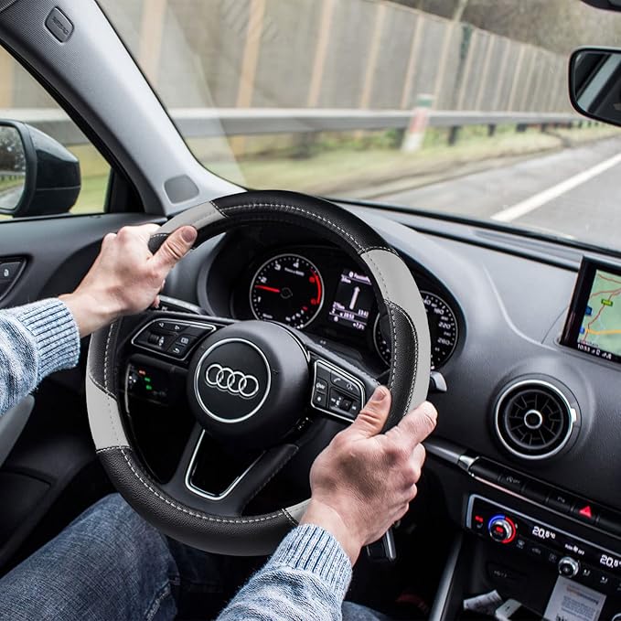 Leather Car Steering Wheel Cover, Non-Slip Car Wheel Cover Protector Breathable Microfiber Leather Universal Fit for Most Cars(Grey)