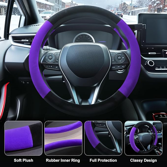 SEG Direct Steering Wheel Cover for Car, Standard Size 14.5-15 inch, Auto Interior Accessories, Warm Plush, Summer Winter, Black and Purple