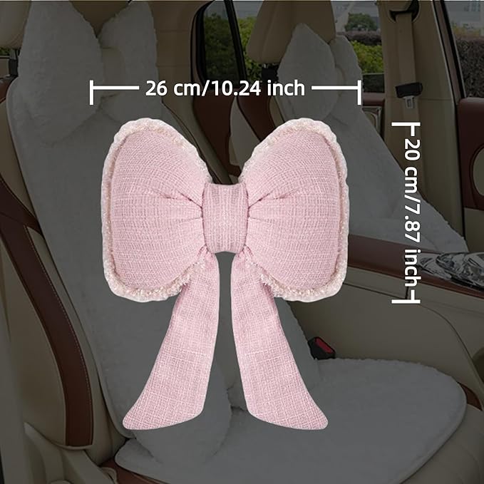 2-Pack Cute Bow Car Headrest Pillow Unique French-Inspired Bouclé Fabric Neck Support Cushion for Women Fits Most Cars (Pink)