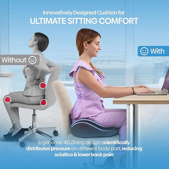 Gel Seat Cushion for Office Chair, Car, or Wheelchair — Orthopedic Memory Foam Pad with Cooling Gel for Tailbone, Sciatica, and Back Pain Relief