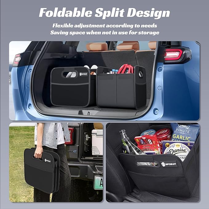 Sposuit Trunk Organizer for Car - Collapsible Split Trunk Storage with Reinforced Handles, SUV Trunk Organizers for Grocery Cargo(Black, 2Pack)