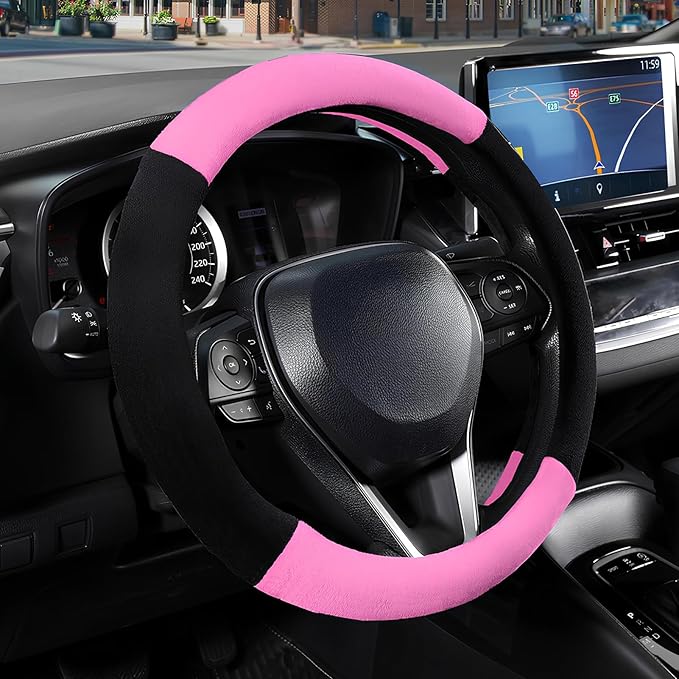 SEG Direct Steering Wheel Cover for Car, Standard Size 14.5-15 inch, Auto Interior Accessories, Warm Plush, Summer Winter, Black and Pink