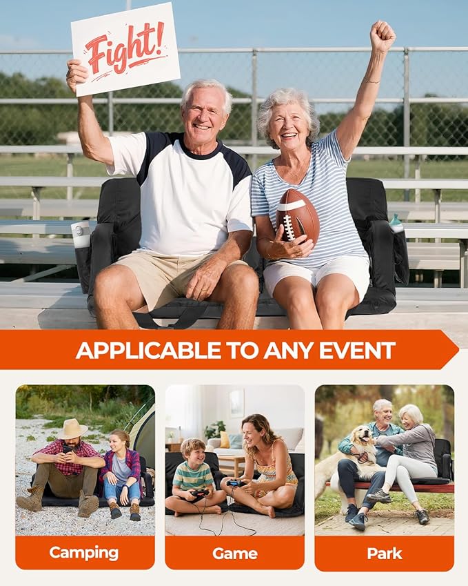 Sportneer Stadium Seats with Back Support: 2.5'' Thick Comfy Cushion 6 Adjustable Angle Bleacher Seat with Armrest - 2 Large Pockets, 2 Cup Holders Stadium Chair for Sport Events Concerts Parks