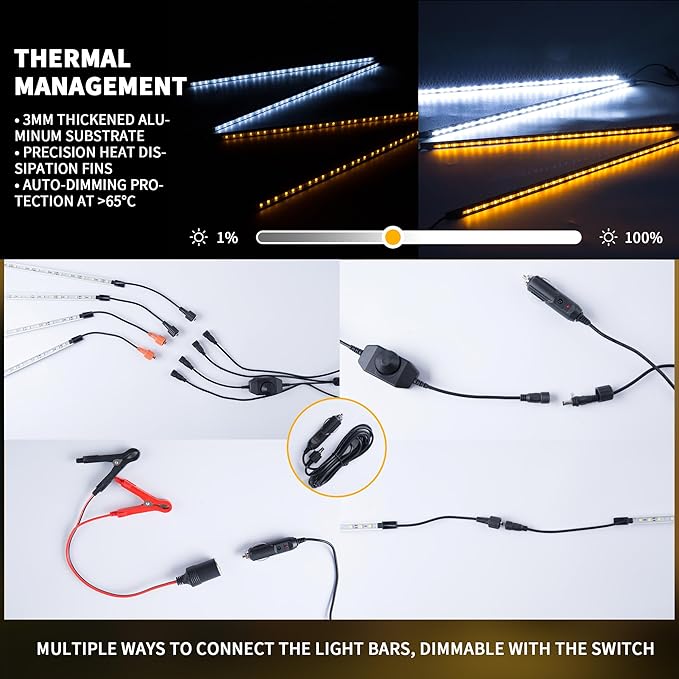 12V LED Light Bar Kit, 2 Bars White & 2 Bars Amber Adjustable Brightness RV Camping Lights - Waterproof IP67, Magnetic & Velcro Mount, Portable Lighting for Tent, Car, Trailer, Boat, Truck, Off-Road