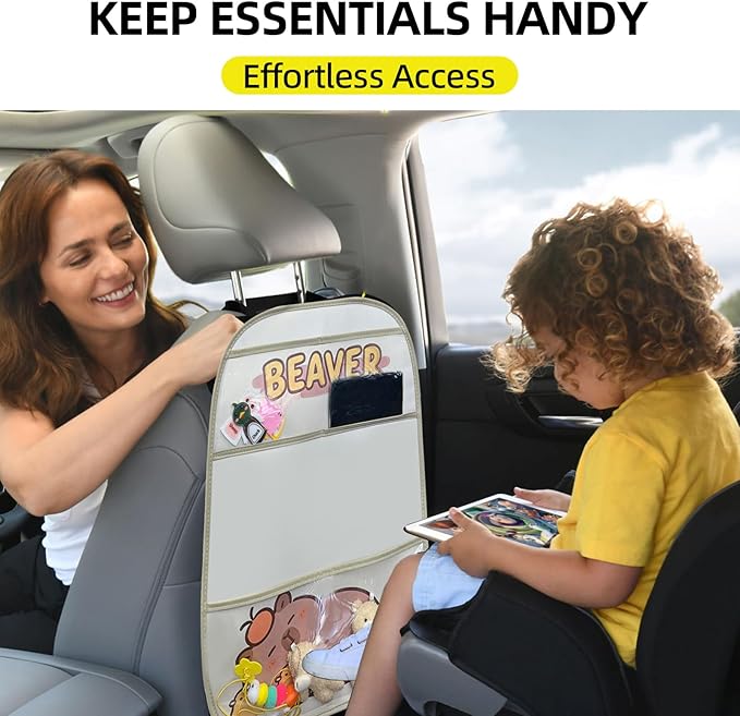 2-Pack kids Leather Car Backseat Organizer with Foldable Table Tray, Car Storage Organizer with Tablet Holder, Car Seat Back Protectors Kick Mats, Travel Accessories (Capybara)