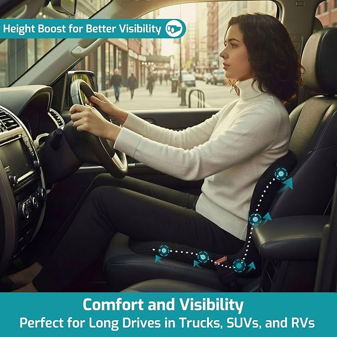 Trucker Seat Cushion, Car Seat Cushions with Lumbar Support Pillow, Ergonomic L-Shaped One Piece Memory Foam Pad for Long Driving Back Pain Sciatica Relief, Drivers Office Workers (Black+Ice Silk)