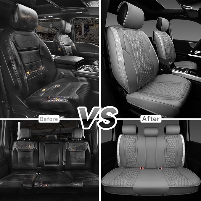 CAR PASS Gray Leather Bling Car Seat Covers Full Set, Luxury Microfiber Nappa PU Cushioned, Waterproof Anti-Slip Universal Fit for Auto SUV Sedan Sparkly Glitter Shining Rhinestone, Gray Diamond