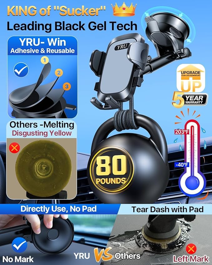 YRU [True Upgrade for Safety] Car Phone Holder Mount [Patent & Military-Grade] Dashboard Cell Phone Holder for Car Vent Windshield Phone Stand for iPhone 17 16 15 14 13 Pro Max Truck Samsung (Grey)