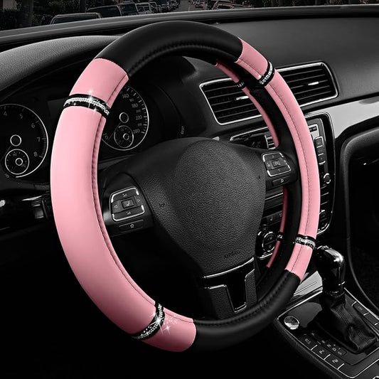 Road Comfort Leather Steering Wheel Cover – Premium Anti-Slip Car Steering Wheel Grip Cover – Universal Fit for 14.5”–15.5” Cars, Trucks & SUVs - Pink
