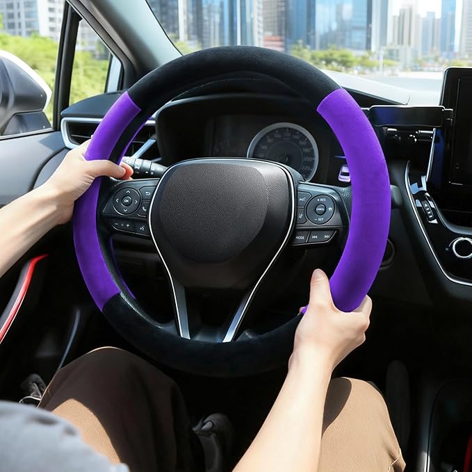 SEG Direct Steering Wheel Cover for Car, Standard Size 14.5-15 inch, Auto Interior Accessories, Warm Plush, Summer Winter, Black and Purple
