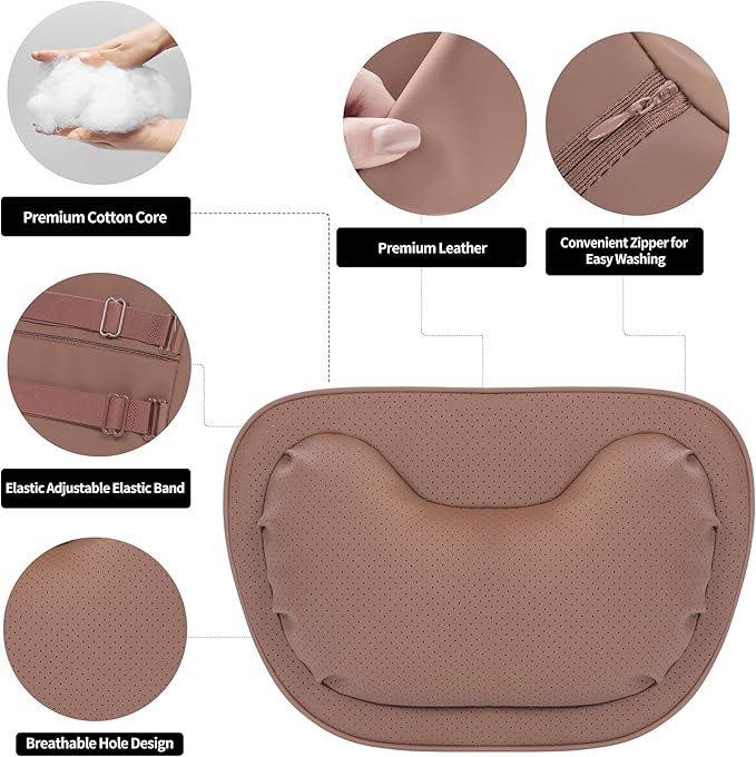 Car Neck Pillow [No More Pressure] Soft Comfortable Premium Leather Headrest with Adjustable Strap – Ergonomic Support for Driving, Office & Gaming, Brown, 1 Pack