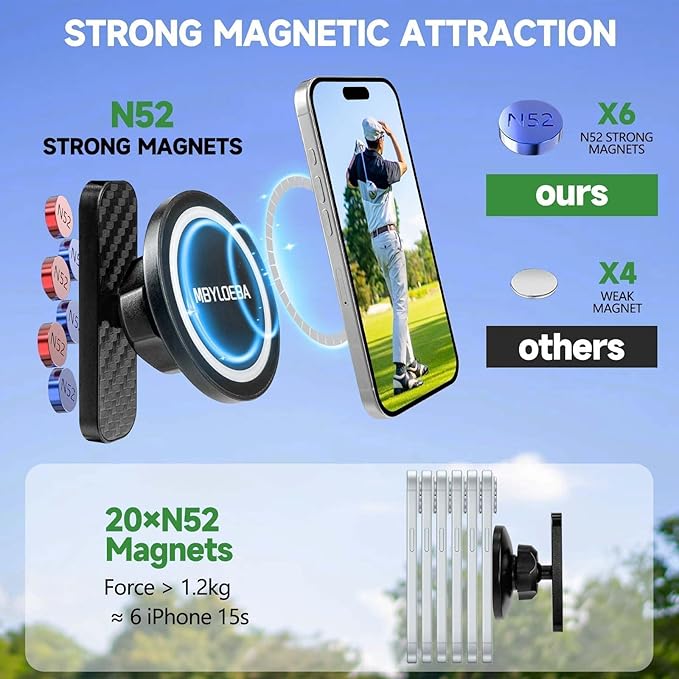 [Reinforced Metal Base] Magnetic Golf Cart Phone Mount - Anti-Crack Bottom with Shock-Absorbing Body, Heat-Resistant N52 Magnet Holder for MagSafe iPhone 17-12, Golf Gifts for Men