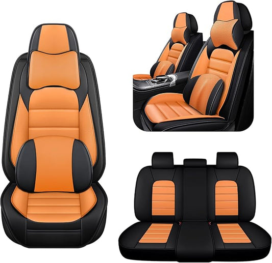 5 Car Seat Covers for Toyota Highlander 2001-2026 Breathable Leather,Waterproof Car Seat Protectors with Comfort Headrest Pillows,Automotive Vehicle Cushion with Storage Pockets (Luxury,Orange)