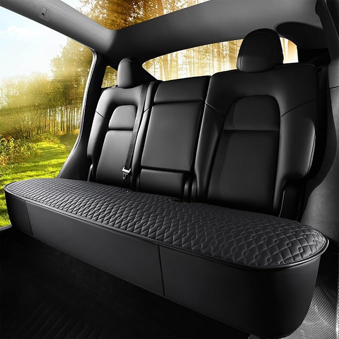 SanQing Car Seat Cover Luxury Napa Leather Rear Seat Covers for Tesla Model Y 2023-2024 Car Seat Bottom,Heavy Duty Seat Cushion Protector Without Backrest (Leather Black Rear, Model Y)