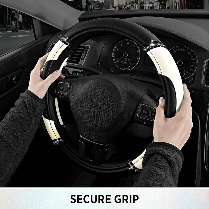 Road Comforts Leather Steering Wheel Cover - Made with PVC Leather - Anti-Slip, Universal Fit 14 1/2 inches to 15 inches - White