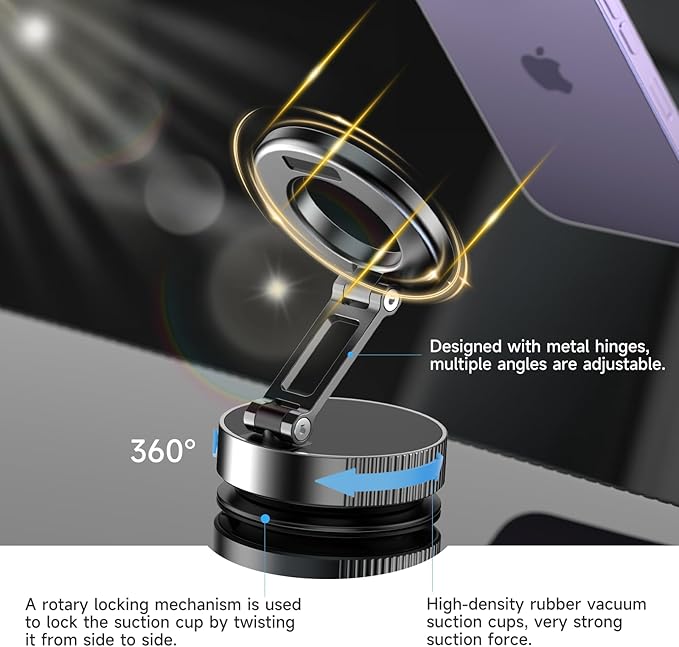 360° Adjustable Vacuum Magnetic Phone Holder [ 96+LBS Suction & 2800gf Magnetic ], Foldable Suction Cup Magnetic Phone Mount for Car, Car Phone Holder for iPhone 17/16/15/14/13/12 Series