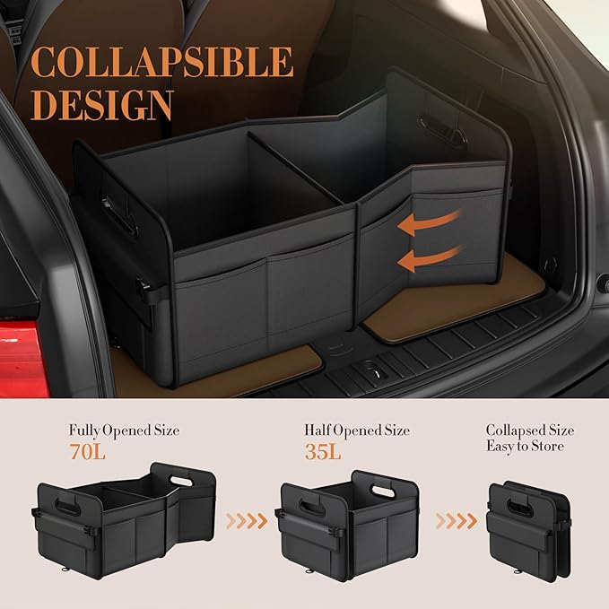 Trunk Organizer For Suv & Sedan,Car Organizers and Storage, Waterproof Collapsible & Adjustable Straps,70L Sturdy Car Organization for Car Accessories, Tools,Sundries,2-3 Compartment（Black