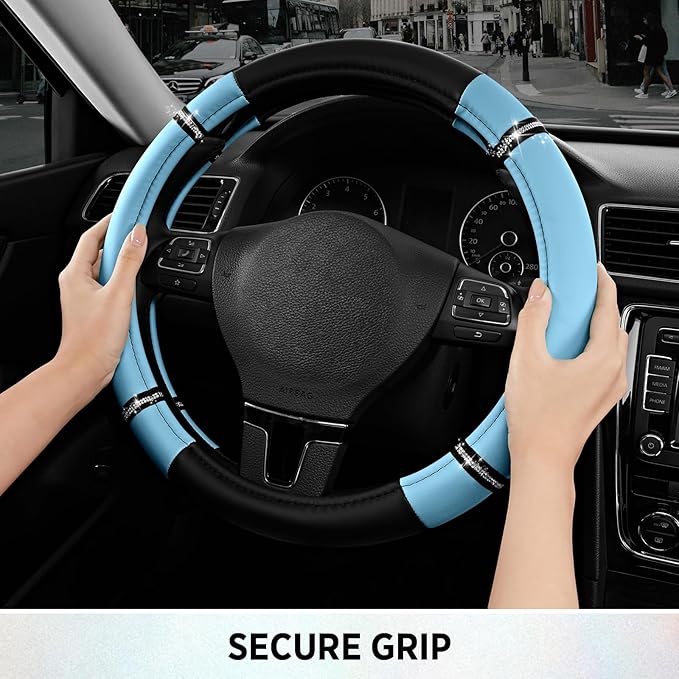 Road Comfort Leather Steering Wheel Cover – Premium Anti-Slip Car Steering Wheel Grip Cover – Universal Fit for 14.5”–15.5” Cars, Trucks & SUVs - Blue