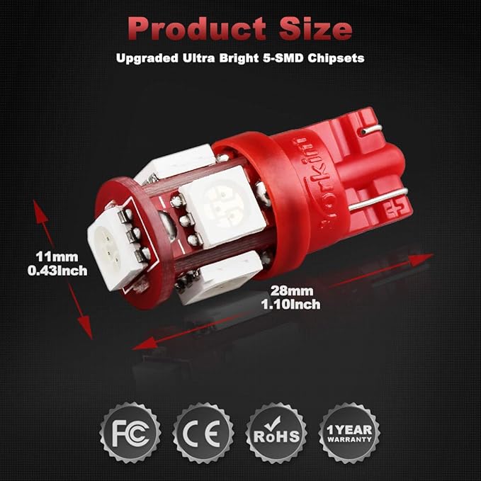Yorkim 194 LED Bulbs Red Super Bright New 5th Generation, T10 168 LED Bulb for Car Interior Dome License Plate Map Door Courtesy Lights W5W 2825, Pack of 10