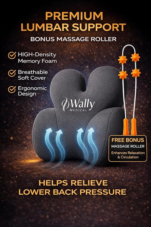 Luxury Lumbar Support Pillow for Back Pain Relief – High-Density Memory Foam Ergonomic Back Cushion for Office Chair, Car & Home – Adjustable Strap, Removable Washable Cover + Bonus Massage Roller