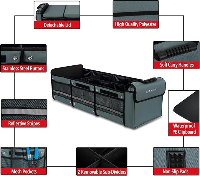 Farasla Waterproof Trunk Organizer with Insulated Leakproof Cooler Bag, Foldable Cover, Adjustable Securing Straps (4-in-1 w/Cooler, Gray)