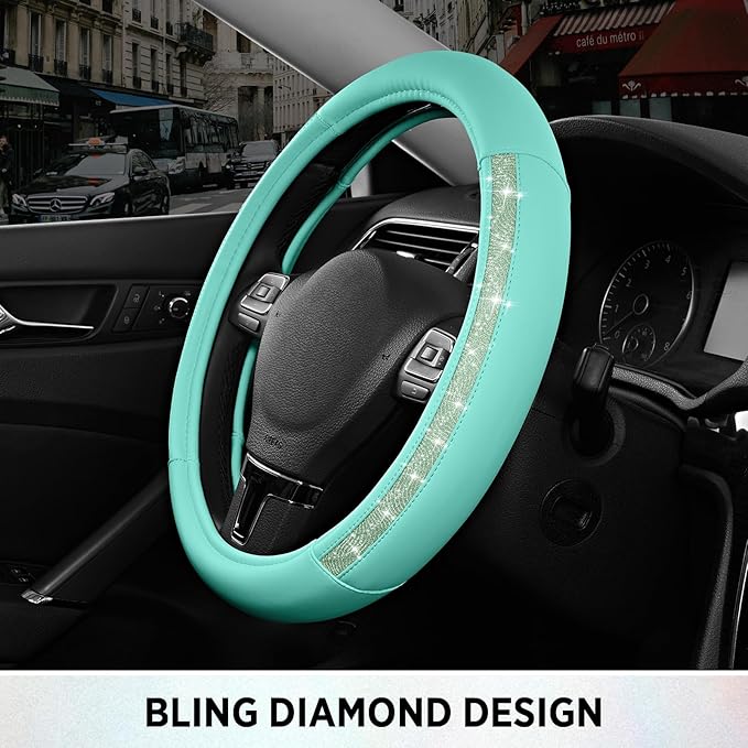 Road Comforts Steering Wheel Cover, Glitter Bling Leather Wheel Cover, Universal Fit 14.5"-15.5" Steering Wheels for Women & Girls, Anti-Slip Car Wheel Protector for Cars, Trucks, Vans, SUVs-Mint