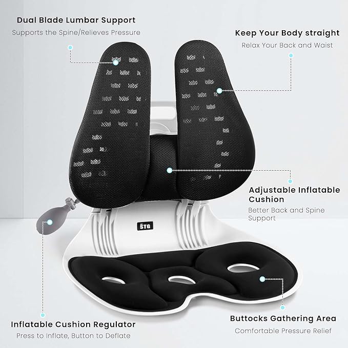 ZZWS Ergonomic Back Support, Foldable Chair Back Support with Adjustable Inflatable Lumbar Cushion Ideal for Students Office Workers Nursing Mothers Long Sitting Outdoor Fishing Floor