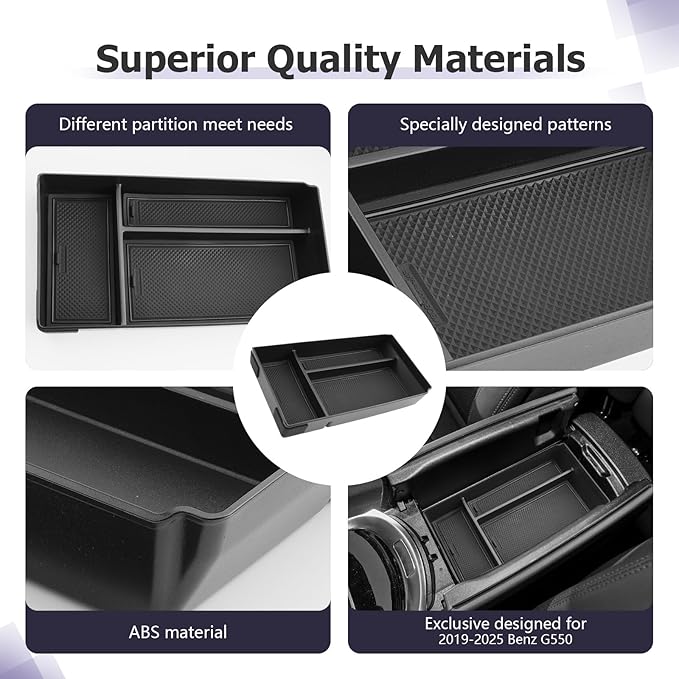 LUWU Center Console Organizer Compatible with 2019-2025 Benz G-Class G550/G580/AMG G63/G500/G350/W463/W464/G-wagen Accessories Armrest Console Storage Box Insert Tray ABS Material Coin Container Black