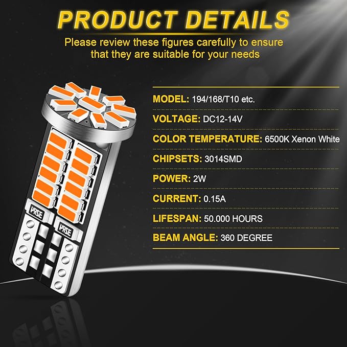 10Pcs Super Bright 194 T10 168 2825 W5W 34-SMD 3014 Chipsets Replacement LED Bulb for Car Trunk Interior Dome Map Door Courtesy License Plate Lights - Amber Yellow