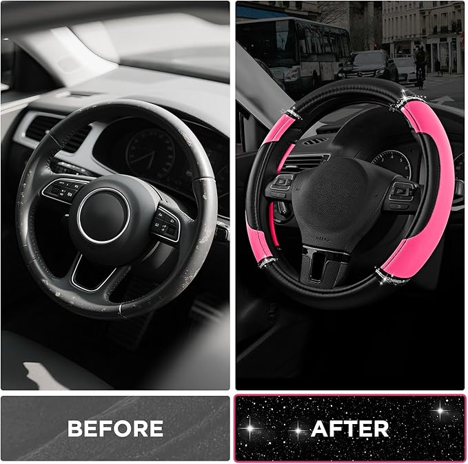 Road Comforts Leather Steering Wheel Cover - Made with PVC Leather - Anti-Slip, Universal Fit 14 1/2 inches to 15 inches - Hot Pink