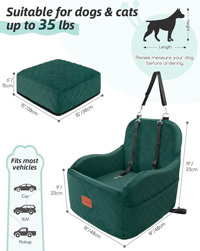 Dog Booster Car Seat for Small/Medium Dogs,6in Elevated Cushion,Fully Detachable and Washable,2 Storage Pockets & 3 Straps,Fits in Front/Back Seat,Easy to Install (Green,Medium)