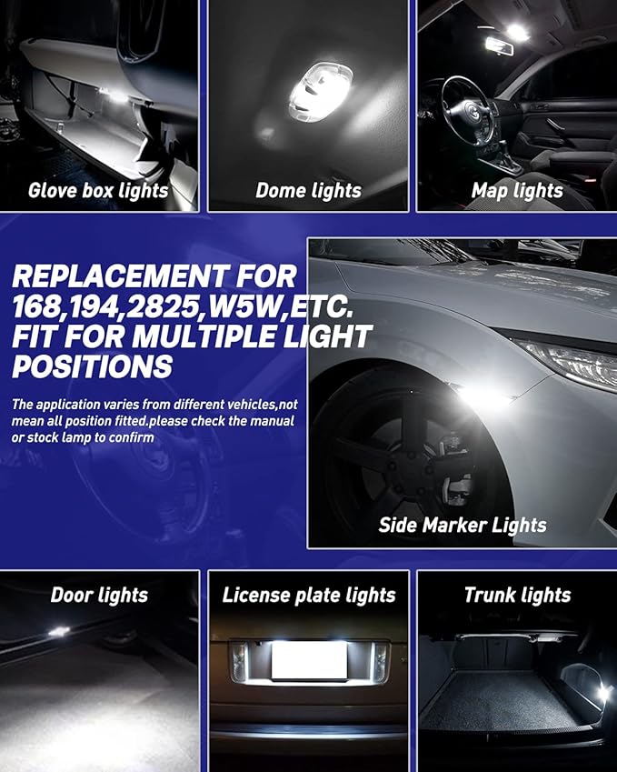 AUTOONE 194 LED License Plate Light 300% High Brightness T10 168 2825 W5W Bulbs for Dome Map Door Courtesy Interior Car 6500K White, Pack of 2